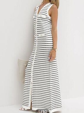 NWT COMMENSE White Black Striped Knit Sleeveless Maxi Dress with Buttons, Large